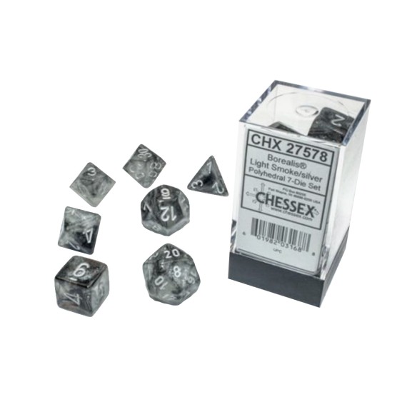 Borealis Polyhedral Light Smoke/Silver Luminary Dice Set x7