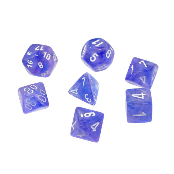 Borealis Polyhedral Purple/White Luminary Dice Set x7