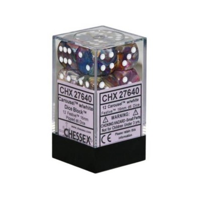 Chessex 16mm d6 with pips Dice Blocks (12 Dice) - Festive Carousel w/white