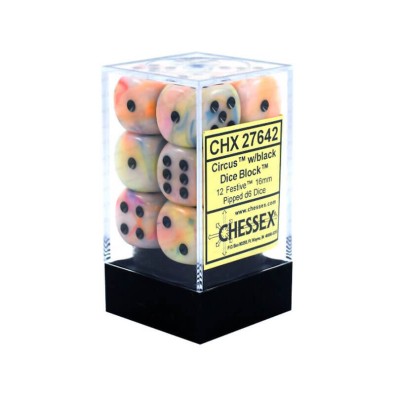 Chessex 16mm d6 with pips Dice Blocks (12 Dice) - Festive Circus w/black