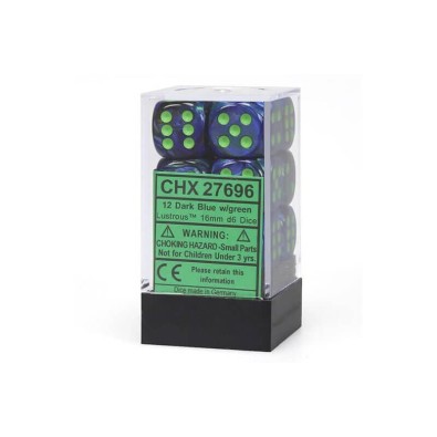 Chessex 16mm d6 with pips Dice Blocks (12 Dice) - Lustrous Dark Blue w/green