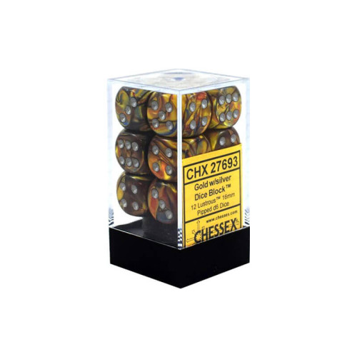 Chessex 16mm d6 with pips Dice Blocks (12 Dice) - Lustrous Gold w/silver