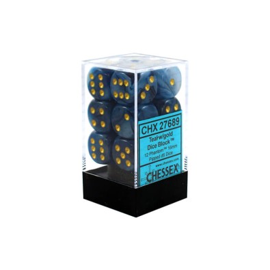 Chessex 16mm d6 with pips Dice Blocks (12 Dice) - Phantom Teal w/gold
