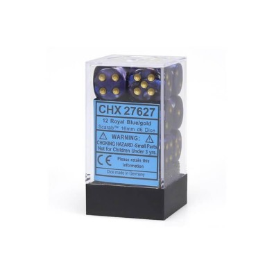 Chessex 16mm d6 with pips Dice Blocks (12 Dice) - Scarab Royal Blue w/gold