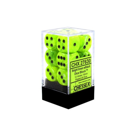 Chessex 16mm d6 with pips Dice Blocks (12 Dice) - Vortex Bright Green w/black