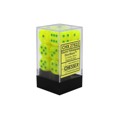 Chessex 16mm d6 with pips Dice Blocks (12 Dice) - Vortex Electric Yellow w/green
