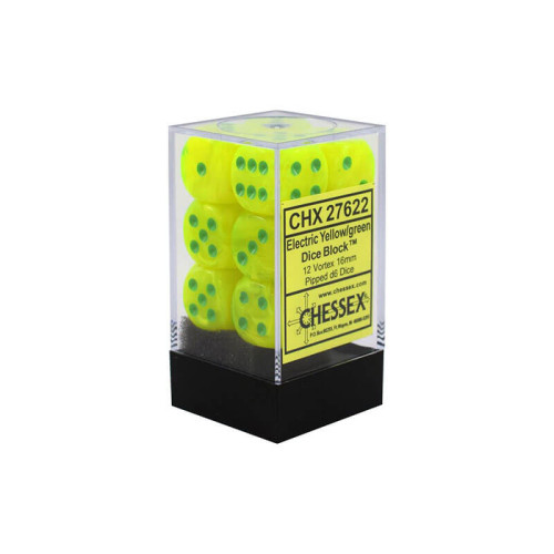 Chessex 16mm d6 with pips Dice Blocks (12 Dice) - Vortex Electric Yellow w/green