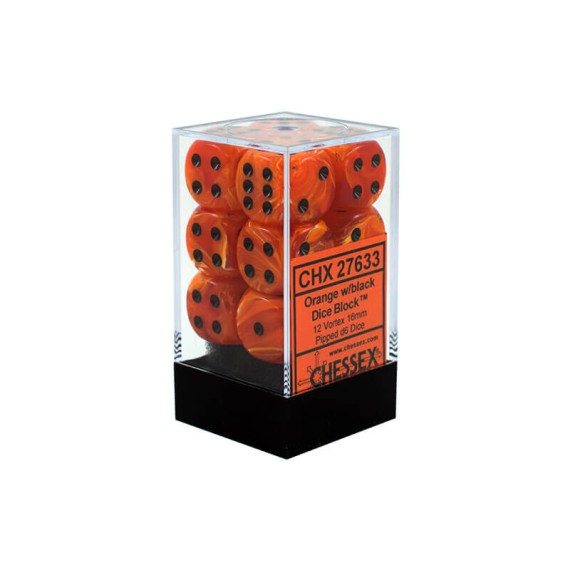 Chessex 16mm d6 with pips Dice Blocks (12 Dice) - Vortex Orange w/black