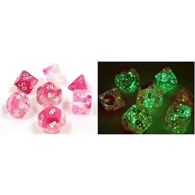 Chessex Lab Dice 4 - Gemini Clear-Pink/white Luminary (7 Die Set)
