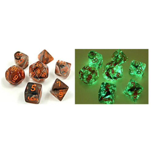 Chessex Lab Dice 4 - Nebula Copper Matrix/Orange Luminary (7 Die Set)