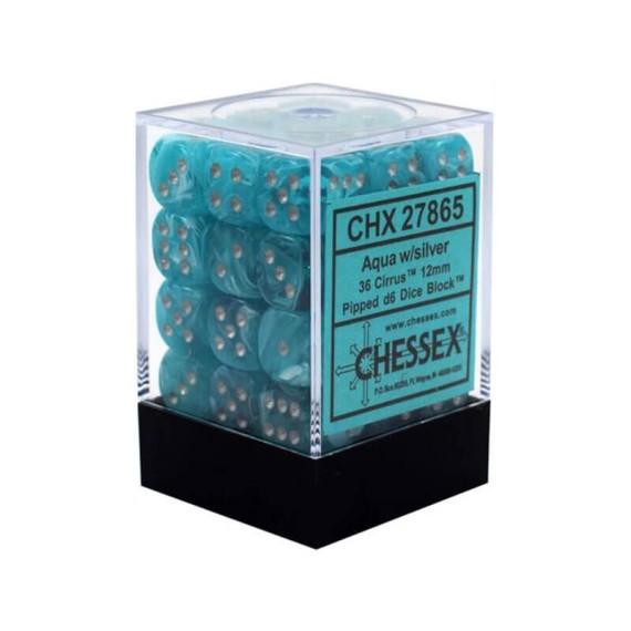 Chessex Signature 12mm d6 with pips Dice Blocks (36 Dice) - Cirrus Aqua w/silver