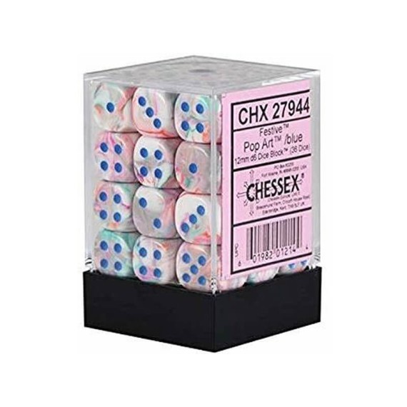 Chessex Signature 12mm d6 with pips Dice Blocks (36 Dice) - Festive Pop Art /blue