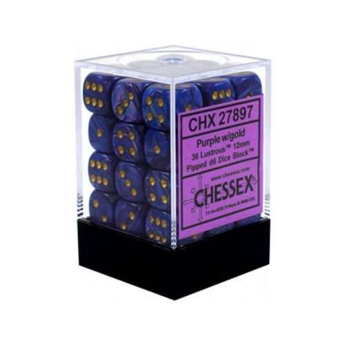 Chessex Signature 12mm d6 with pips Dice Blocks (36 Dice) - Lustrous Purple w/gold