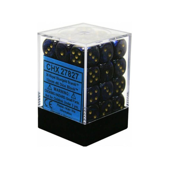 Chessex Signature 12mm d6 with pips Dice Blocks (36 Dice) - Scarab Royal Blue w/gold