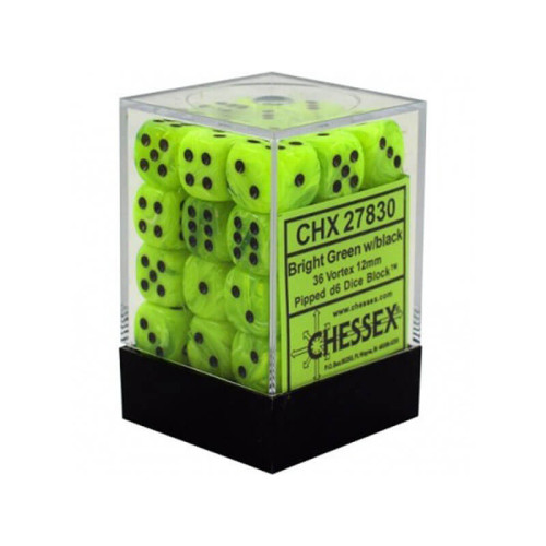 Chessex Signature 12mm d6 with pips Dice Blocks (36 Dice) - Vortex Bright Green w/black