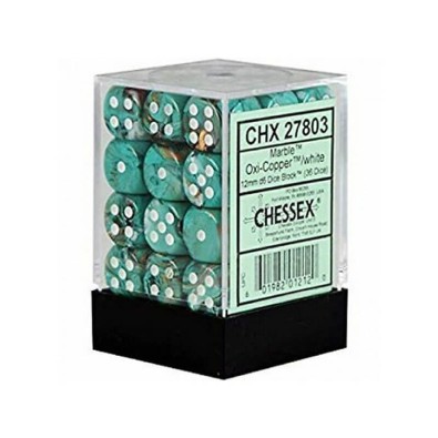Chessex Signature 12mm d6 with pips Dice Blocks (36 Dice) - Marble Oxi‑Copper/white