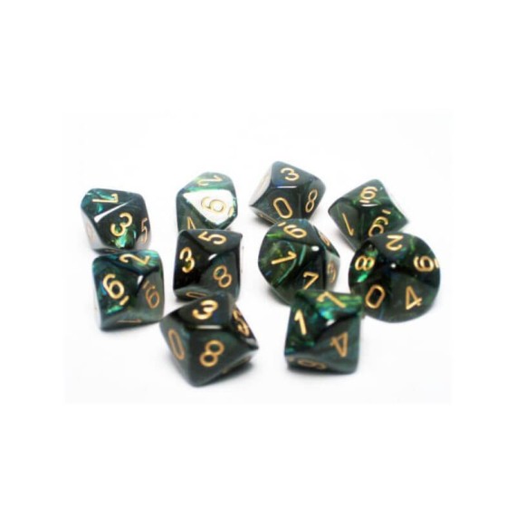 Chessex Ten D10 Sets - Scarab Jade w/gold