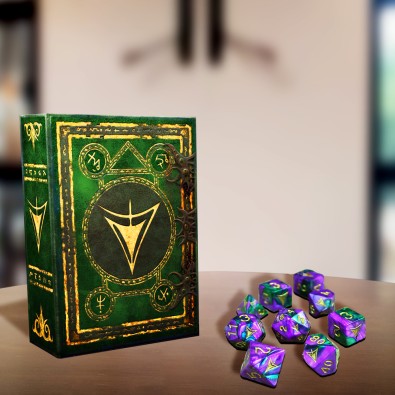 Elder Dice Polyhedral Yellow Sign Masked Purple & Green