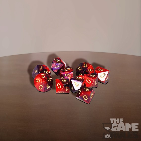 Opaque Dice D10 - Gemini: Purple-Red /gold x10