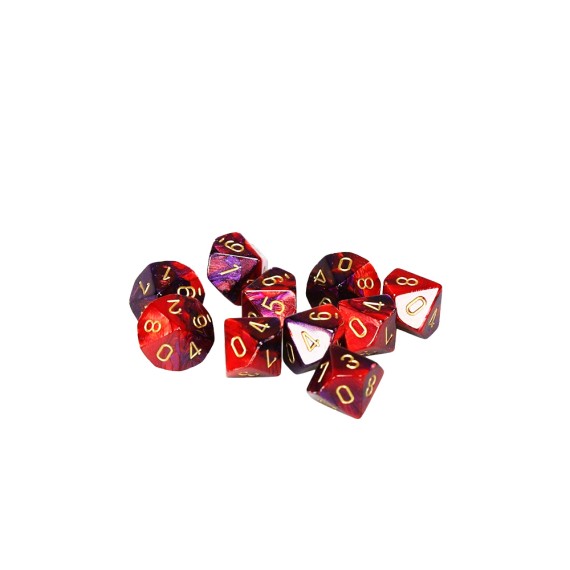 Opaque Dice D10 - Gemini: Purple-Red /gold x10