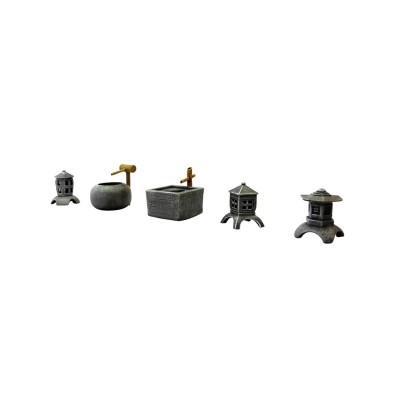 Set of Stone Lanterns with Bamboo Fountains Set of Stone Lanterns with Bamboo Fountains