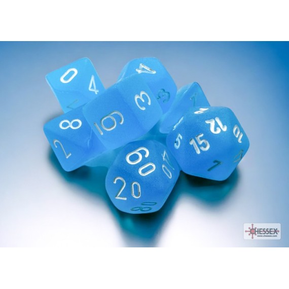 Frosted Caribbean Blue/White Mini Polyhedral 7-Die Set