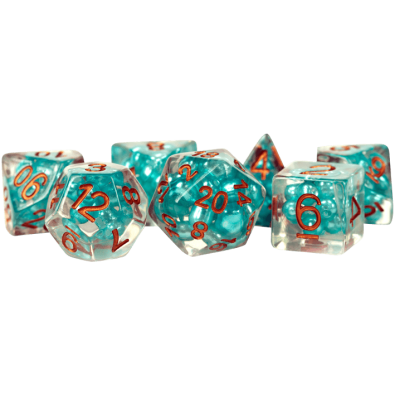 16mm Resin Pearl Dice Poly Set: Teal with Copper Numbers