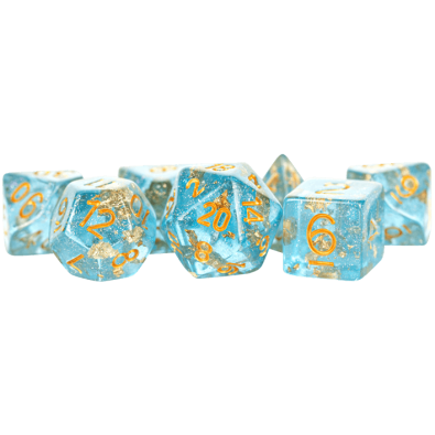 16mm Resin Polyhedral Dice Set Blue with Gold Foil 16mm Resin Polyhedral Dice Set Blue with Gold Foil