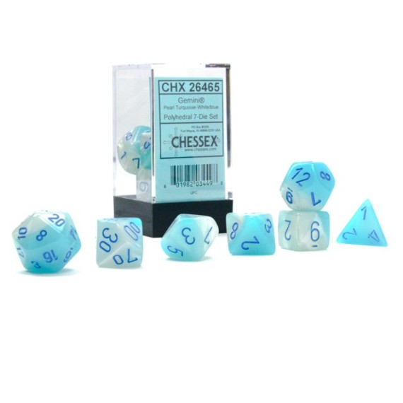 Gemini Pearl Turquoise-White/Blue Luminary Polyhedral 7-Die Set