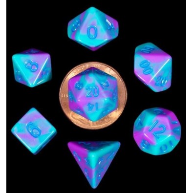 Mini Polyhedral Dice Set Purple/Teal with Blue Numbers Mini Polyhedral Dice Set Purple/Teal with Blue Numbers