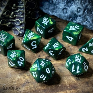 Elder Dice Polyhedral Elder Sign Aegis White on Eldritch Green