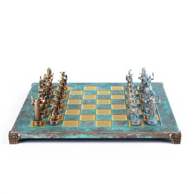 Handcrafted Greek Mythology Chess Set with Blue & Brown Chessmen on Bronze Chessboard – 36x36cm (Medium) Handcrafted Greek Mythology Chess Set with Blue & Brown Chessmen on Bronze Chessboard – 36x36cm (Medium)
