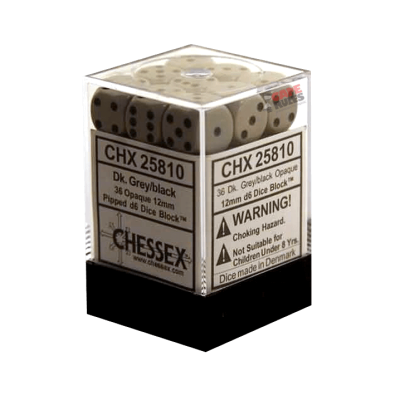 Opaque Dice D6 (12mm) - Dark Grey/Black x36
