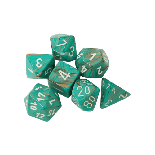 Marble Polyhedral Oxi-Copper/white Dice set x7
