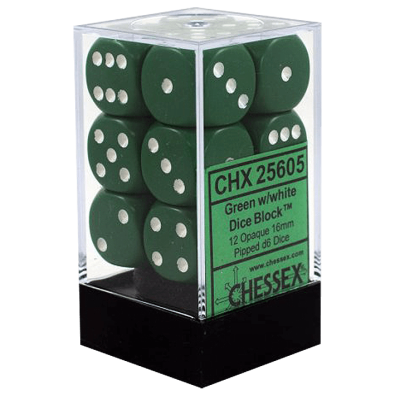 Opaque Dice D6 (16mm) - Green-White (Pipped) x12