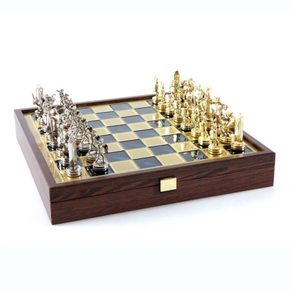 Handcrafted Greek Mythology Chess Set in Wooden Case – Gold & Silver Chessmen (Medium)