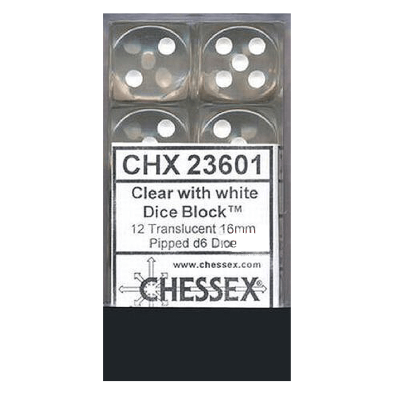 Translucent Dice D6 (16mm) - Clear/White x12