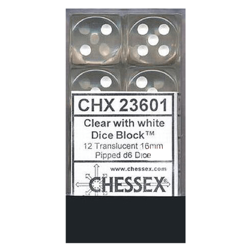 Translucent Dice D6 (16mm) - Clear/White x12